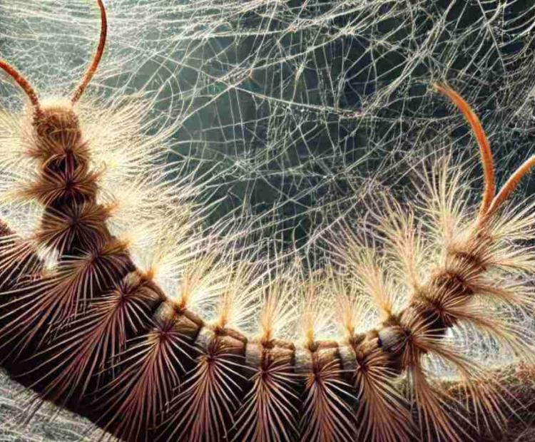 A large, fuzzy, multi-legged creature caught in a giant spider 's web, high up in the forest trees.