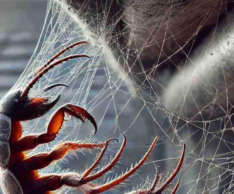 Claws caught in a spider 's web, delicately hanging between tree branches in a mysterious forest setting.